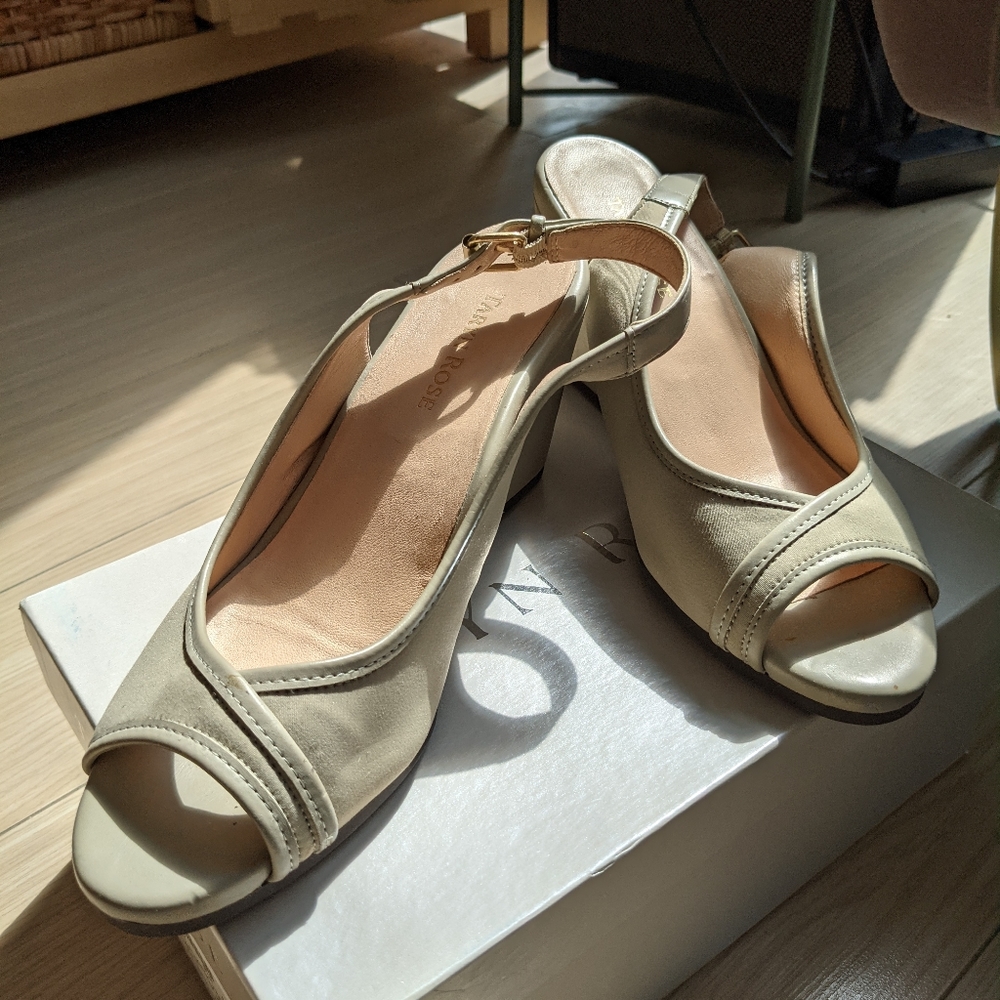 Taryn Rose Stretch Slingback Peep Toe Leather Wedge